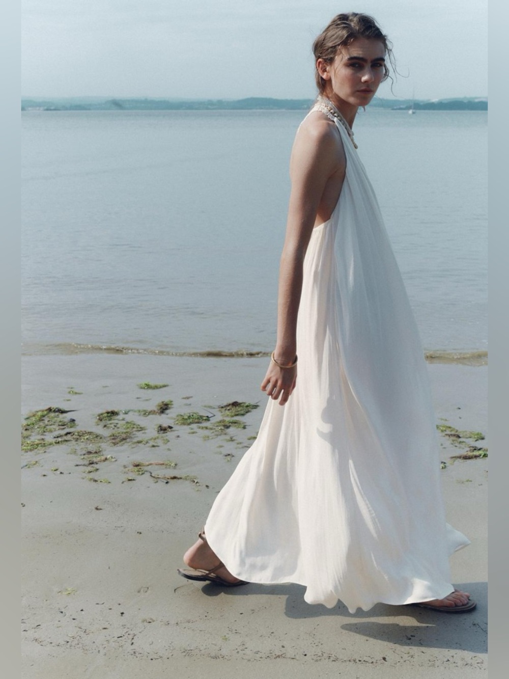 ZARA Flowy Crochet-Halter Maxi Dress Soft Ivory. S/M NWT